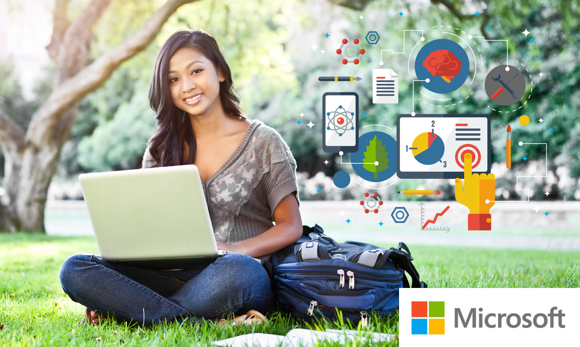 Image of Microsoft Banner with student on laptop