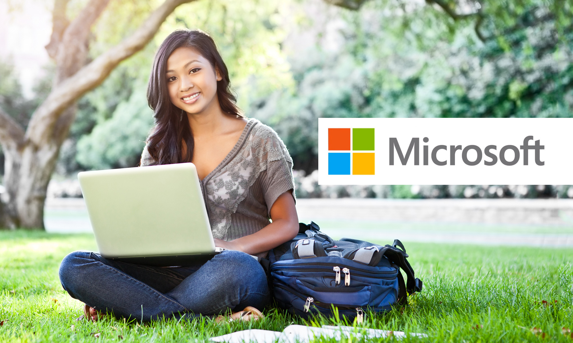Image of Microsoft Banner including a college student