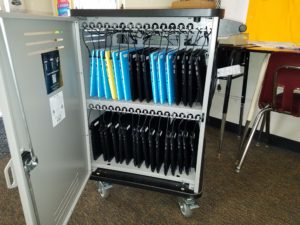 Image of devices being stored in a Charging Cart